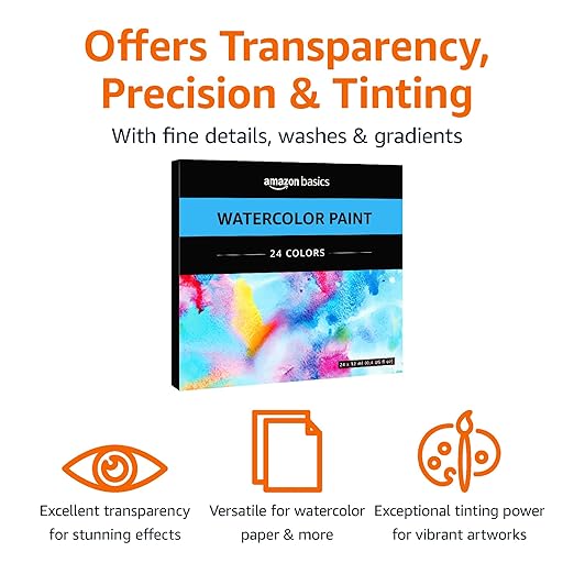 Amazon Basics Vibrant Watercolor Paint Set Tubes, 24 Colors, Assorted Colors