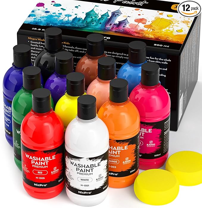 Nicpro 12 Colors Large Washable Paint Set for Kid (16.9oz,500 ml), Acrylic Bulk Paint Supplies Non Toxic Children Tempera Paint for Art, Craft DIY, Poster & Finger Paint, School, Home,Classroom, Party