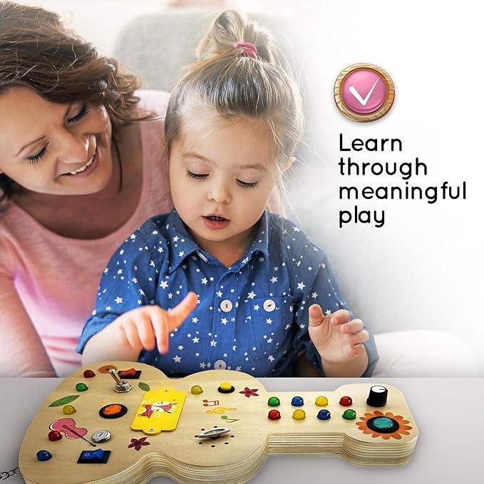 Wooden Montessori Musical Busy Board for Toddlers for 3-5 Year-Old with Mechanical Turner, Colorful Bulbs, Switches, Buttons - Enhance Sensory, Motor Skills