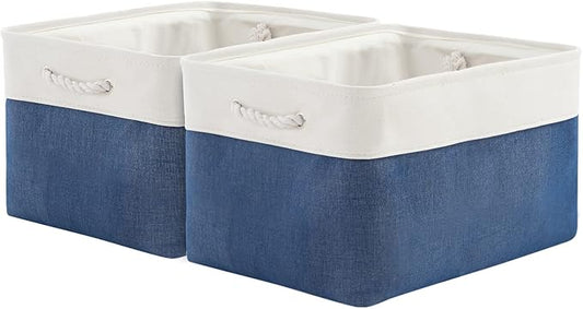 Organization and Storage Bins for Shelves - 2 Pack 17X15X12 inch Canvas Storage Cubes Collapsible Baskets for Organizing with Handles, Storage Box for Cloth Decorative (White & Blue)