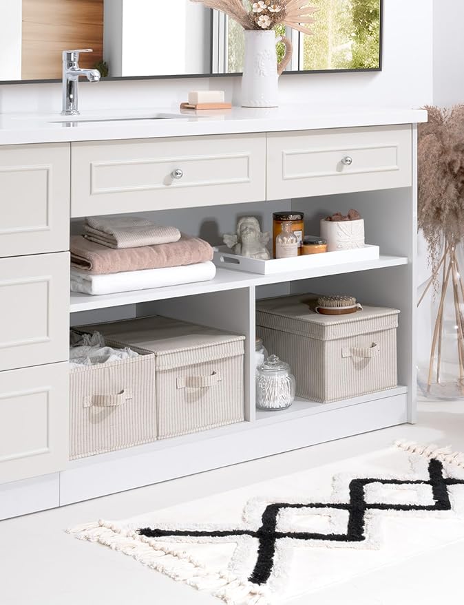 StorageWorks Large Storage Bins with Lids, Decorative Storage Boxes with Lid and Handles, Foldable Storage Baskets for Closet, Shelves, Stackable, Khaki Stripe, 3-Pack