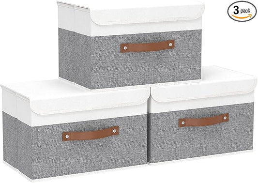 Yawinhe Storage Boxes with Lids, Linen Fabric Bin, Cube Organizer Basket, Washable and Leather Handle, for Home, Closet, White/Grey, 15.0''Lx9.8''Wx9.8''H, 3-Pack, USNK024WGL-3