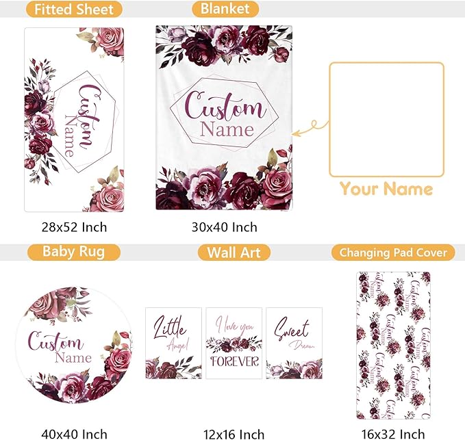 Personalized Crib Bedding Set, 5 Pcs Custom Nursery Bedding Sets with Name, Infant Bedding Set for Baby Girls, Purple Flower Double Layer Baby Crib Set, Babies Toddlers Kids Customized Gifts