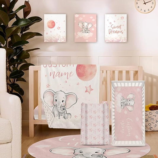 Personalized Nursery Crib Bedding Set: Custom Name 5 Piece Baby Crib Sets with Starry Sky Elephant Design - Toddler Double Layer Blanket Set, Comfortable Crib Bed Sheets for Baby Grils