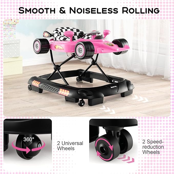 HONEY JOY Baby Walker, 4-in-1 Foldable Infant Activity Push Walker, Toddler Car Walker w/Adjustable Heights, Music, Lights, Removable Tray, Baby Walker with Wheels for Boys Girls 7-14 Months (Pink)