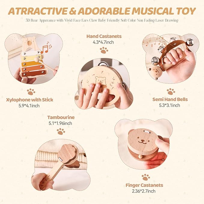 EERKEOD Toddlers Montessori Wooden Toys Percussion Musical Instruments with Xylophone Set for Girls Boys Kids Preschool Educational Toys