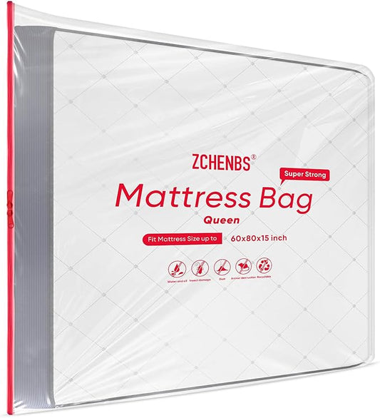 ZCHENBS® – Mattress Bags for Moving and Storage,Mattress Bag with Zippers,5 Mil Ultra-Thick Bed Bag,Waterproof,Anti-Tear,Heavy-Duty Mattress bag (Transaparent/Red, Queen-(1 Pack))