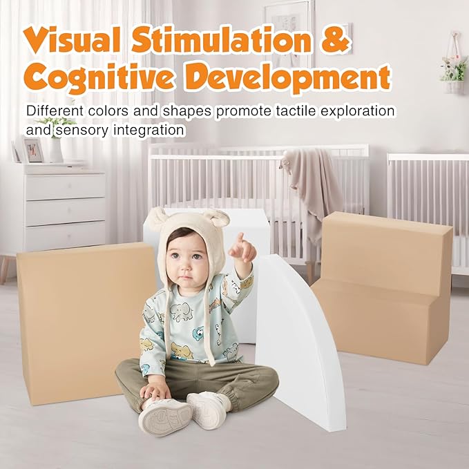 4-Piece Soft PU Leather Toddlers Climbing Toys, Baby Foam Climbing Blocks for Toddlers 3, Foam Play Gym Climbing Structures, Indoor Climb and Crawl Activity Play Set (White and Coffee)