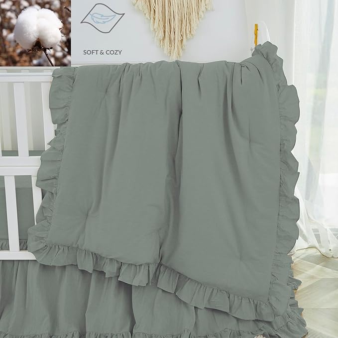 Brandream Gender Neutral Boho Bohemian Baby Girl Boy Nursery 3 Pieces Crib Bedding Set Solid Green Farmhouse Chic Ruffle Unisex Cozy 100% Washed Cotton