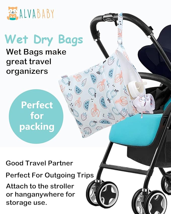 ALVABABY 3 Cloth Diaper Wet Dry Bags Waterproof Reusable with Two Zippered Pockets Travel Beach Pool Daycare Soiled Baby Items Yoga Gym Bag for Swimsuits or Wet Clothes Small Medium Large 3L-ZM29