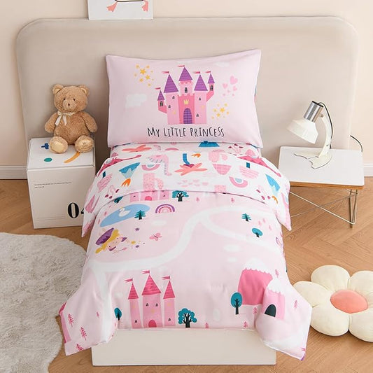 PERFEMET 4 Pieces Girls Toddler Bedding Set Pink Castle Fairy Tales Toddler Comforter Set Reversible Colorful Rainbow Princess Printed Toddler Bed Set with Sheets(Pink, Castle)