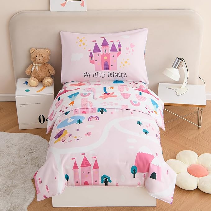 PERFEMET 4 Pcs Twin Bedding Set for Girls Pink Castle Kids Bed in A Bag Comforter Set Ultra Soft Reversible Fairy Tales Themed Bedding Comforter with Sheet Set for All Seasons(Pink, Castle)