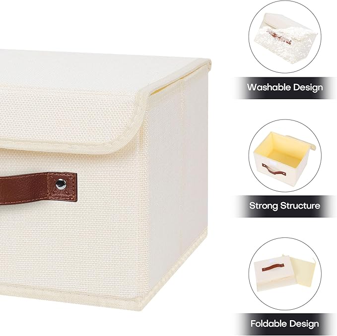 ANMINY Storage Bin with Lid Storage Boxes with PU Leather Handles PP Plastic Board Decorative Foldable Lidded Cotton Linen Fabric Home Cubes Baskets Closet Organizer Container - Beige, Small Size