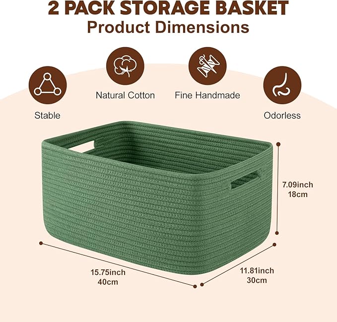 OIAHOMY Storage Basket for Shelves, Closet Cube Storage Bins Baskets for Clothes Blanket Towels, Baby Nursery, Toy Baskets Box, Woven Rope Basket, 17.72*12.99*7.87 IN, 2 Packs Olive Green