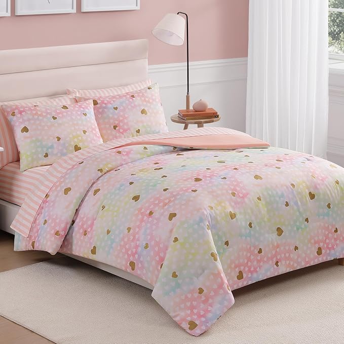Full Size Comforter Sets with Sheets for Girls-7 Pieces Full Size Bedding Sets with Pink Comforter, Sheets, Pillowcases & Shams for Kids (Colorful Gold Heart, 76" X 86")