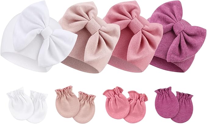 BQUBO Newborn Baby Hats Mittens Set Hospital Hat Beanie Infant Bow Hats Baby Gloves No Scratch Mittens for 0-6 Months