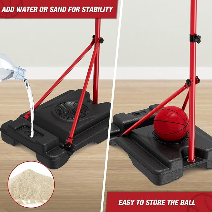 4 in 1 Kids Basketball Hoop and Tball Set for Toddlers 3-5, Basketball Goal with Scoreboard & LED, Hanging Tee Ball Stand with Baseball Pitching Machine, Indoor Outdoor Sport Toys for Boys 4-8