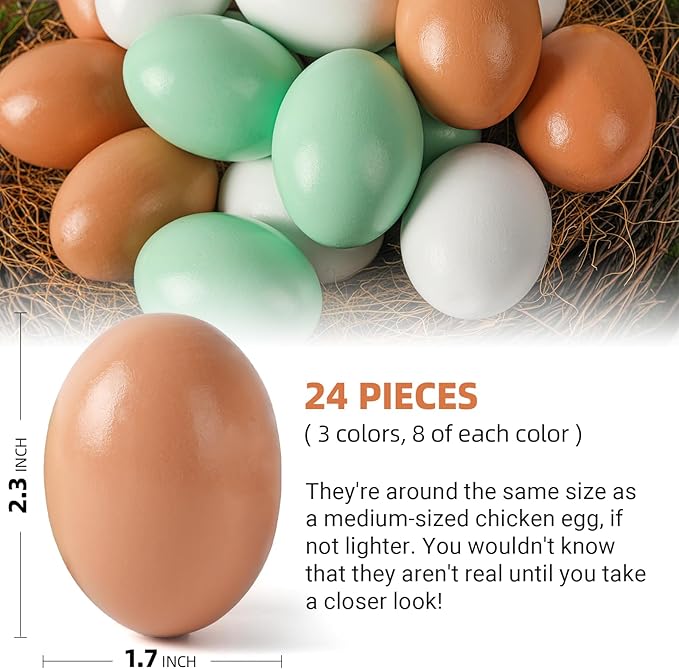 CALPALMY (24 Pieces) Hyper-Realistic Wooden Eggs - 3 Colors Wooden Fake Eggs for Easter, Painting, Decorating, Crafting, Fake Food, and Nest Box Training (8pcs Brown, 8pcs White, 8pcs Green)