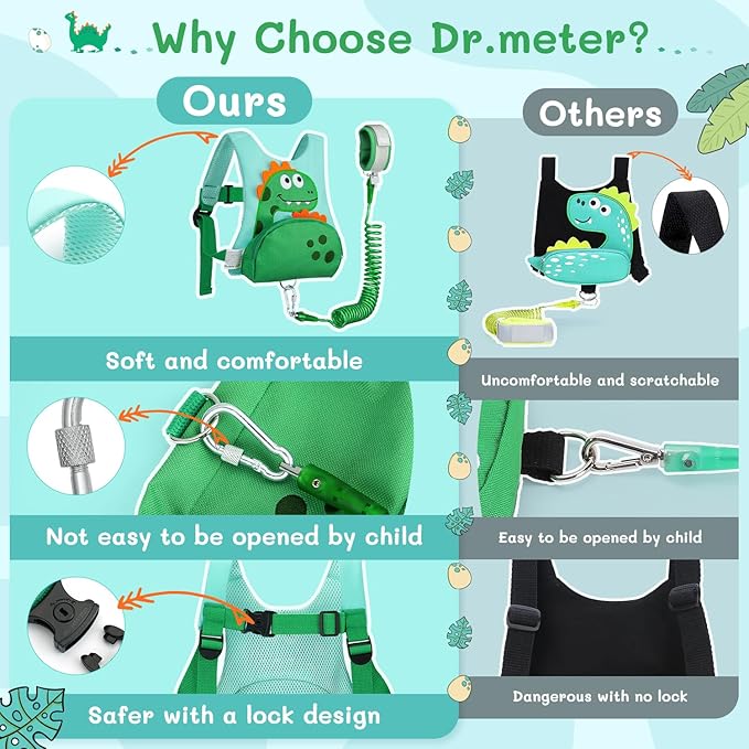 Dr.meter 3 in 1 Toddler Harness Leash + 8.2ft Anti Lost Wrist Link, Cute Dinosaur Kids Safety Harness Tether with Key Lock, Child Protective Leashes While Walking for Outdoor Activity Keep Kids Close