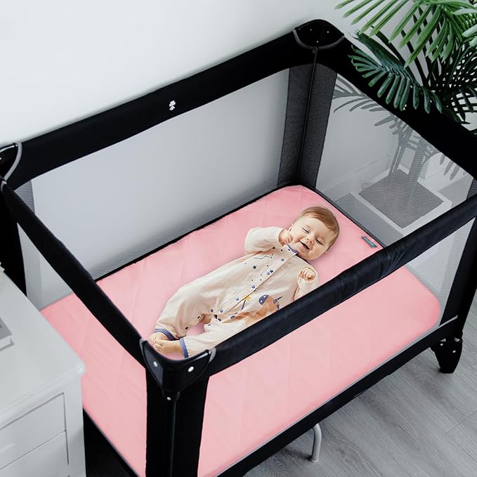 Pack and Play Sheets Fitted Waterproof Pack and Play Mattress Protector Pad Cover 2 Pack Pink Quilted 39" x 27"