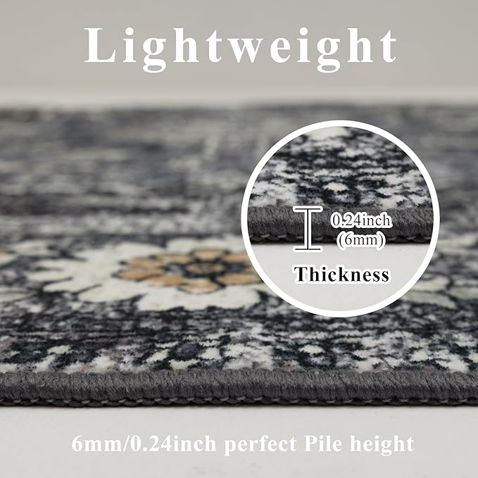 Washable Rugs 5x7 Area Rugs for Living Room, Thin Carpet for Bedroom, Soft Faux Wool Retro Dining Room Rug，Non Slip&Non-Shedding Resistant Low Pile Vintage Print Rug for Home Office (Tan/Gray)
