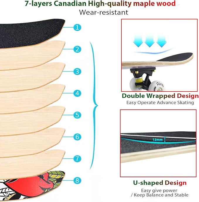 Easy_Way Complete Skateboards- Standard Skateboards for Beginners Kids Boys Girls Teenager- 31''x 8''Canadian Maple Cruiser Pro Skate Board, Skateboards