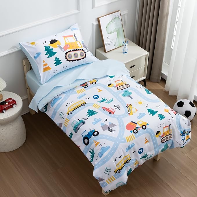 NTBED 4 Pieces Construction Toddler Bedding Set for Baby Boys, Truck Vehicles Excavator Cars Printed, Includes Comforter, Flat Sheet, Fitted Sheet and Pillowcase,Light Blue
