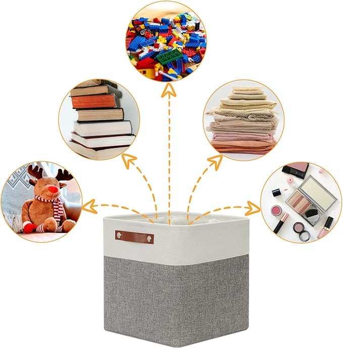 DULLEMELO [Set of 4 Storage Cubes Baskets for Organizing, 12 x 12 x 12 inch Cube Storage Organizer Bins with Leather Handles, Foldable Fabric Cloth Bins for Cube Storage(4 Pack - 12" White&Grey)