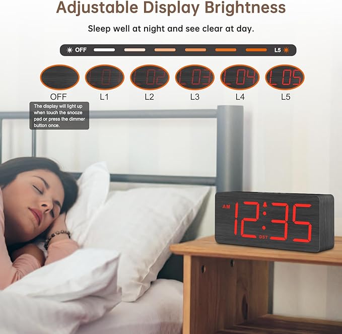 DreamSky Wooden Digital Alarm Clock for Bedroom - Desk Clocks for Living Room with Large Numbers, Loud Alarm for Heavy Sleepers with Volume Control, Dimmer, DST, Office Wood Decor (Adapter Powered)