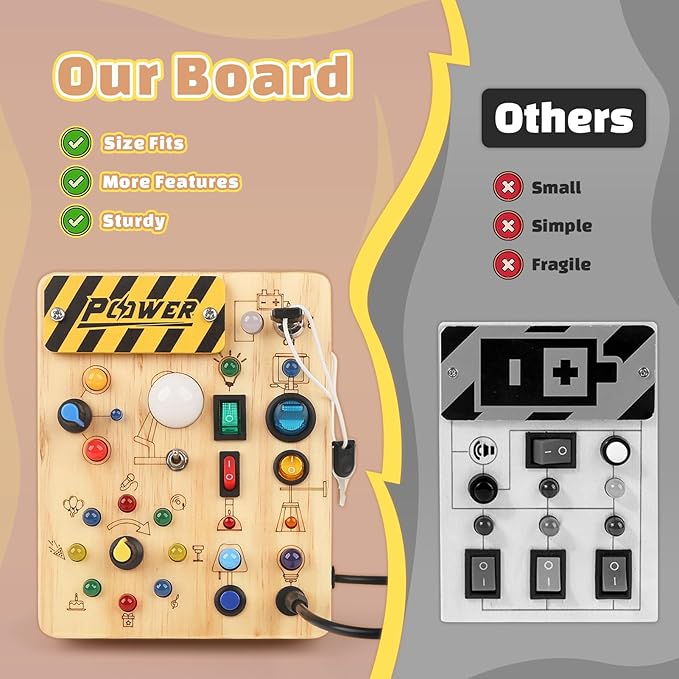 Joyreal Montessori Busy Board Wooden Sensory Toys for Toddler with LED Light Up Switch, Baby Fidget Board Travel Toys for 18+ Months, 1 2 3 Year Old Boys Girls Toddler Toy Gifts (Classic)