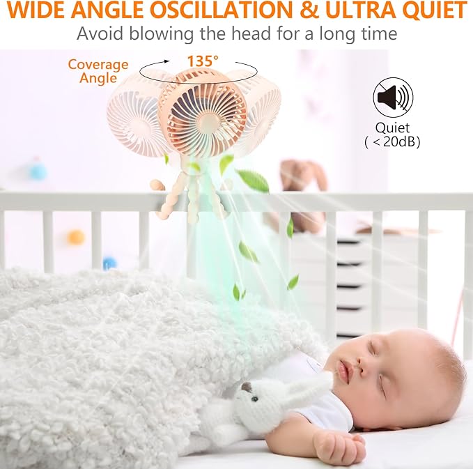 snawowo Mini Portable Baby stroller Fan, Auto Oscillating Battery Operated Personal Small Handheld Fan with Flexible Tripod, Rechargeable Clip On for Car Seat Crib Treadmill Travel Camping Pink
