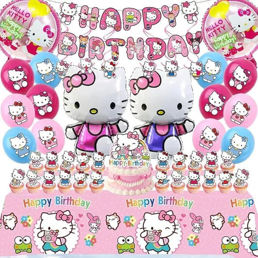 49Pcs - Kitty Birthday Party Decorations Set, Pink Theme with Banner, Balloons, Tablecloth, Cake Toppers.