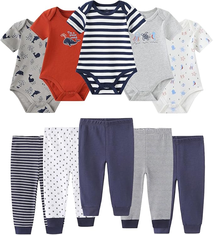 Baby Bodysuit and Pant Set 10-pcs Cotton Soft Newborn Boy Girl Clothes Outfits