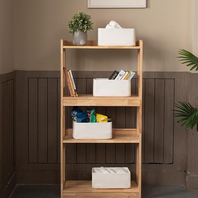 4 Pack Small Storage Shelf Baskets for Organizing, Mini Woven Rope Storage Bins for Towels, Cute Decorative Closet Organizer，Baby Nursery, Gift Empty Baskets -13''Lx8.66''Wx5.11''H-White