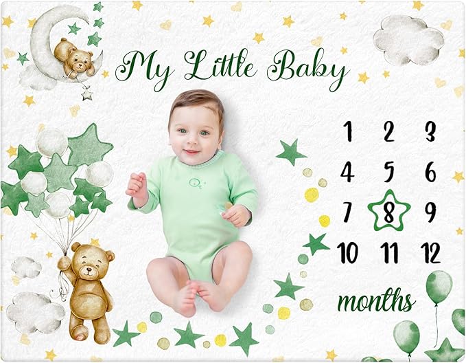 Sleeping Bear Monthly Baby Milestone Blanket Bear Star Balloon Flannel Blanket Boy Newborn Infant Swaddle Growth Chart Baby with Frame for Boys Girls Nursery (Green)