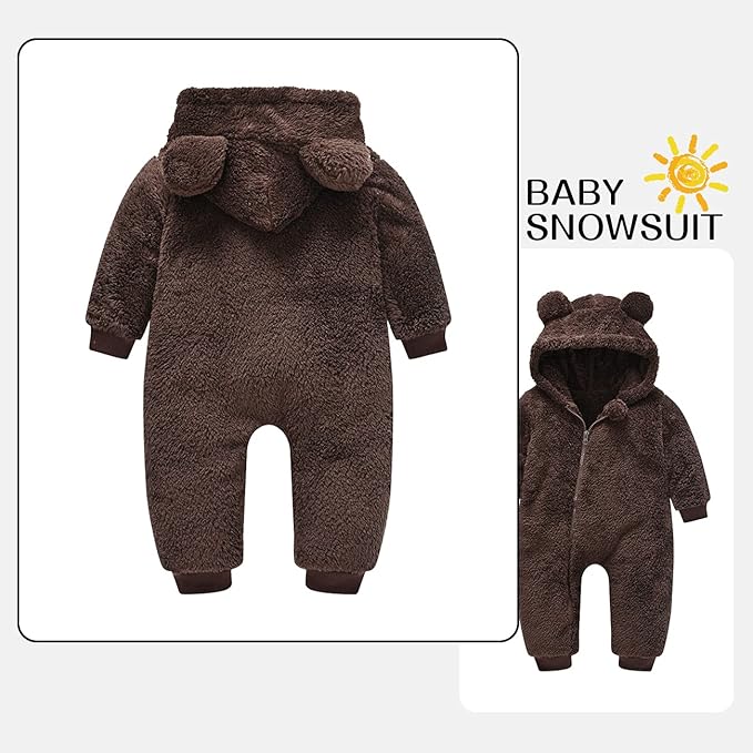 Baby Fleece Jumpsuits Infant Bear Ear Snowsuit Newborn Hooded Romper Warm Coat