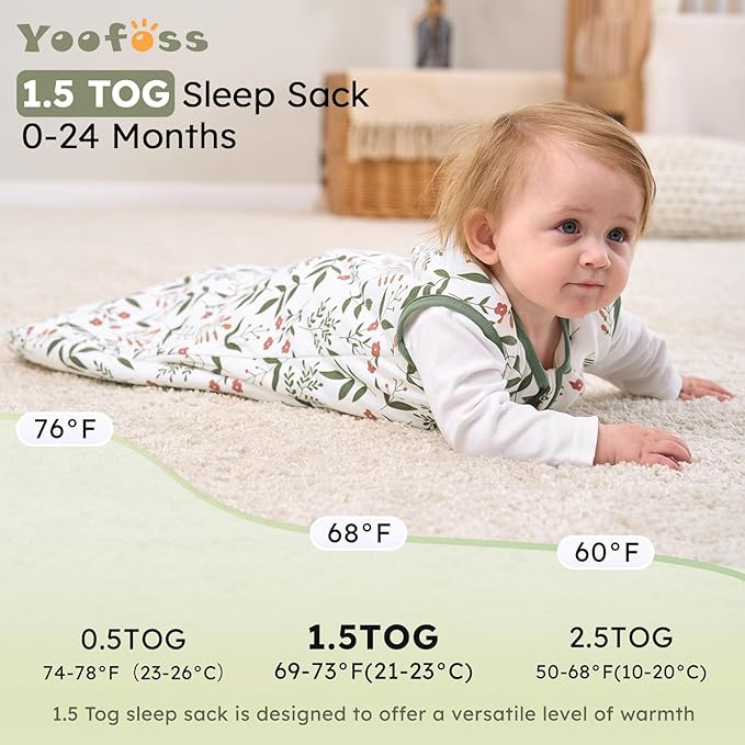 Yoofoss Baby Sleep Sack 0-6 Months, 1.5 Tog Baby Wearable Blanket with 2-Way Zipper, 100% Cotton Organic Fabric Winter Infant Sleeping Sack, Warm Soft Comfy