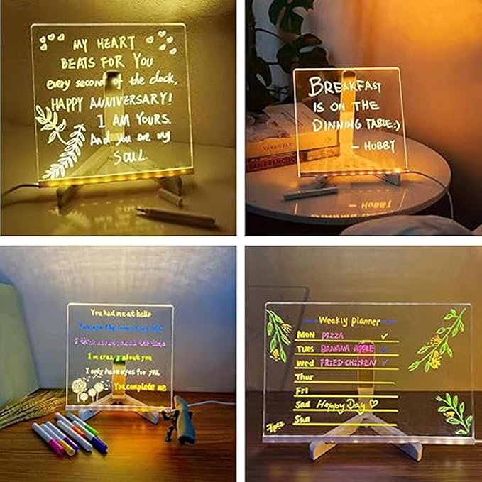 LED Note Board with Colors, Acrylic Dry Erase Board with Light,Stand as a Glow Memo Letter Board Note Glass Led White Board with 7 Pen for Office School Home (11.8 * 7.9in)