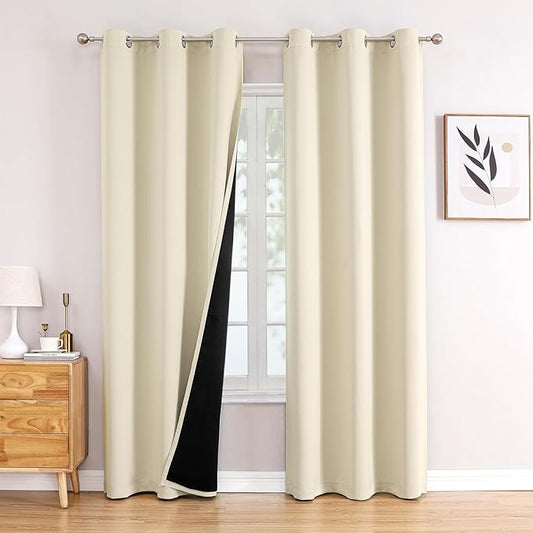 ChrisDowa 100% Blackout Curtains 84 inch Long for Bedroom with Black Liner, 2 Thick Layers Total Blackout Thermal Insulated Grommet Window Curtains 2 Panels Set (Light Beige, 38 x 84 Inch)