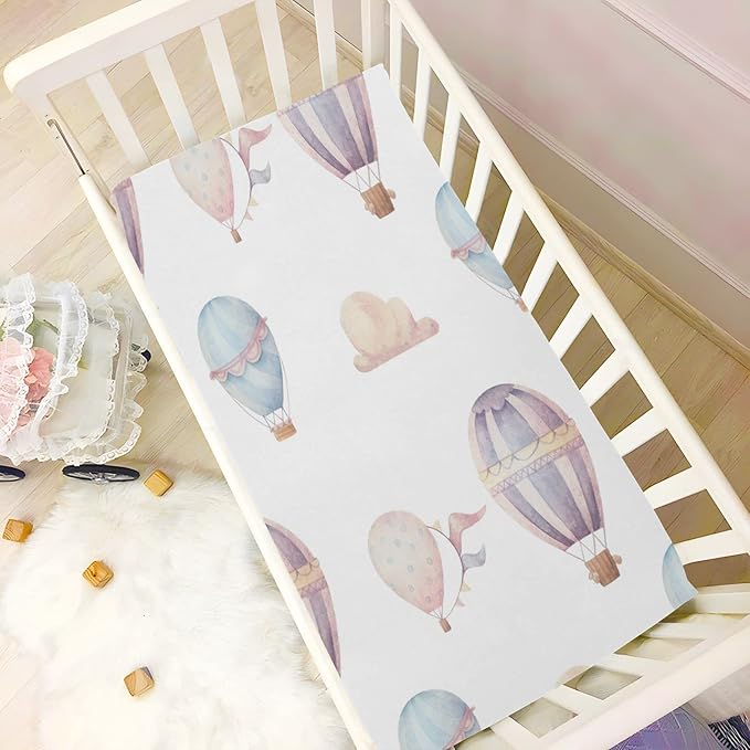 Watercolor Hot Air Balloon Crib Sheets for Boys and Girls, Fitted Baby Crib Sheets Soft and Breathable Mini Crib Sheets 39 X 27 X 5 Inches