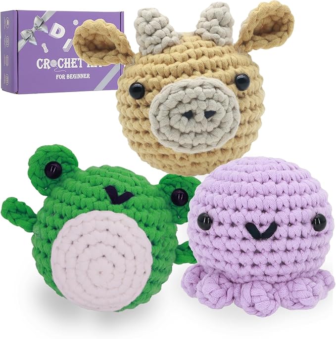 Crochet Kit for Beginners - Knitting Kit for Adults & Kids | Learn to Crochet Animals Frog Octopus Cow with Step-by-Step Video Tutorials