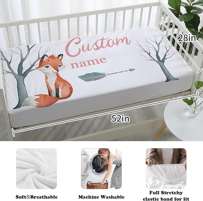 Custom Nursery Crib Bedding Set: Personalized Name 4 Piece Fox Pattern Baby Crib Sets for Girls - Toddler Double Layer Blanket Set, Comfortable Crib Bed Sheets for Baby Toddlers