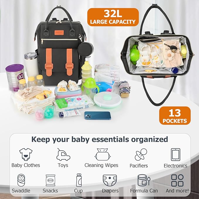 PIIOSER Diaper Bag Tote with Ice Pack, Large Capacity & Waterproof Diaper Bag Backpack for Moms Dads, Insulated Baby Tote Bag with Changing Pad, Stroller Straps & Pacifier Case, Black