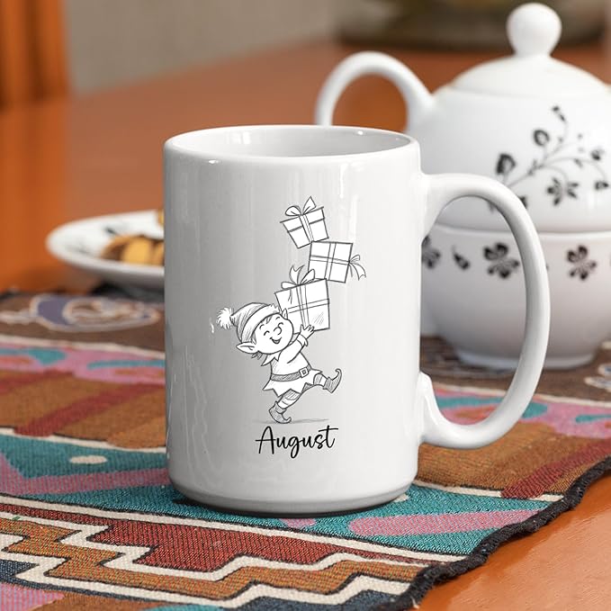 Elf With Box Coffee Mug Gift For Men Boy Grandson Christmas, Personalized Name Kids Accent Teacup, Customized Elf Travel Coffee Cup Gift For Nephew on Birthday Christmas, Elves White Mug 11 Oz 15 Oz