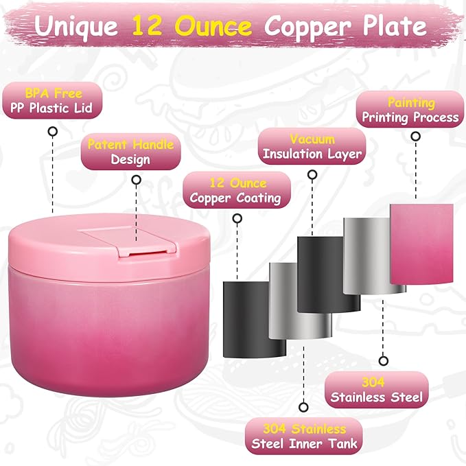 12oz Insulated Vacuum Food Jar with Buckle Lid Wide Mouth Soup Thermo for Hot Food Kids Leakproof Stainless Steel Lunch Container (Gradient Pink, 12OZ)