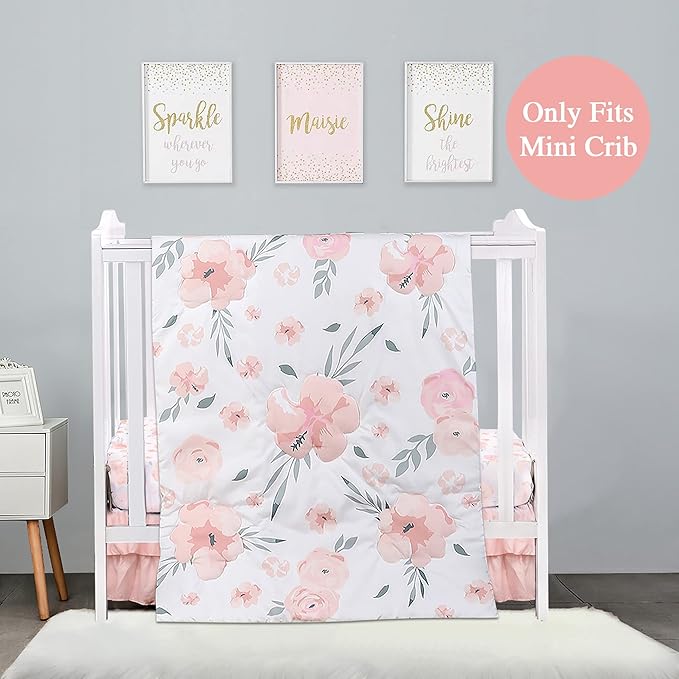 PINNKKU 3-Piece Crib Bedding Set for Boy Girls, Includes Crib Skirt, Blanket, Sheet, Baby Bedding, Floral, Mini Size