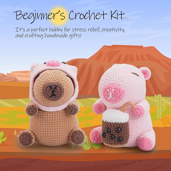 Crochet Kit for Beginners,Beginner Crocheting Animals Kits w Step-by-Step Video Tutorials, Knitting Starter Pack for Adults and Kids,2 Pack Capybara