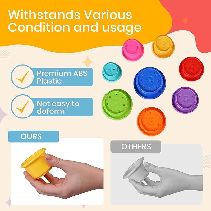 Stacking Cups Baby Toy Educational Cup Stacking Set 8-Pc Stackable Cups with Number Rainbow Nesting Cups for Babies 6-12 Months Stacking Cups for Toddlers 1-3 Perfect for Indoor/Outdoor