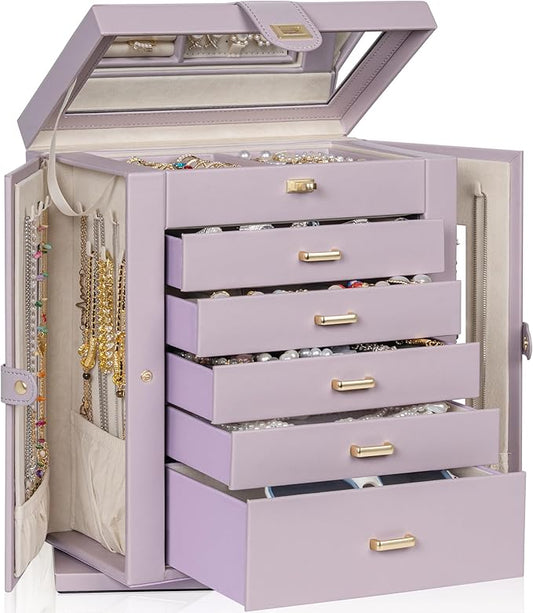 AKOZLIN 360° Rotating Jewelry Box 6-Tier Organizer Functional Jewelry Storage Case for Women Girls Ring Necklace Earring Bracelet Holder with Mirror Purple