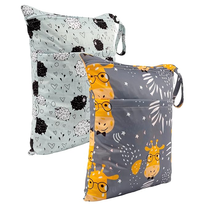 ALVABABY 2pcs Cloth Diaper Wet Dry Bags Waterproof Reusable with Two Zippered Pockets Travel Beach Pool Daycare Soiled Baby Items Yoga Gym Bag for Swimsuits or Wet Clothes LZ1920